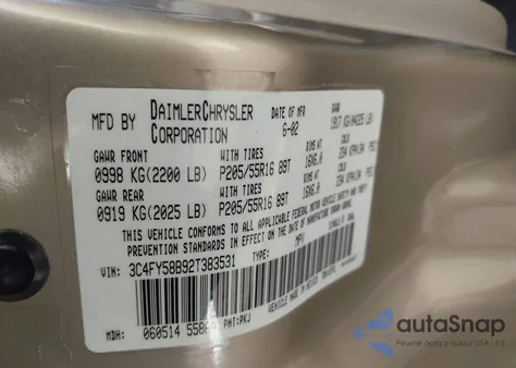 2002 Chrysler Pt Cruiser Touring из США, поврежденный, VIN 3C4FY58B92T383531